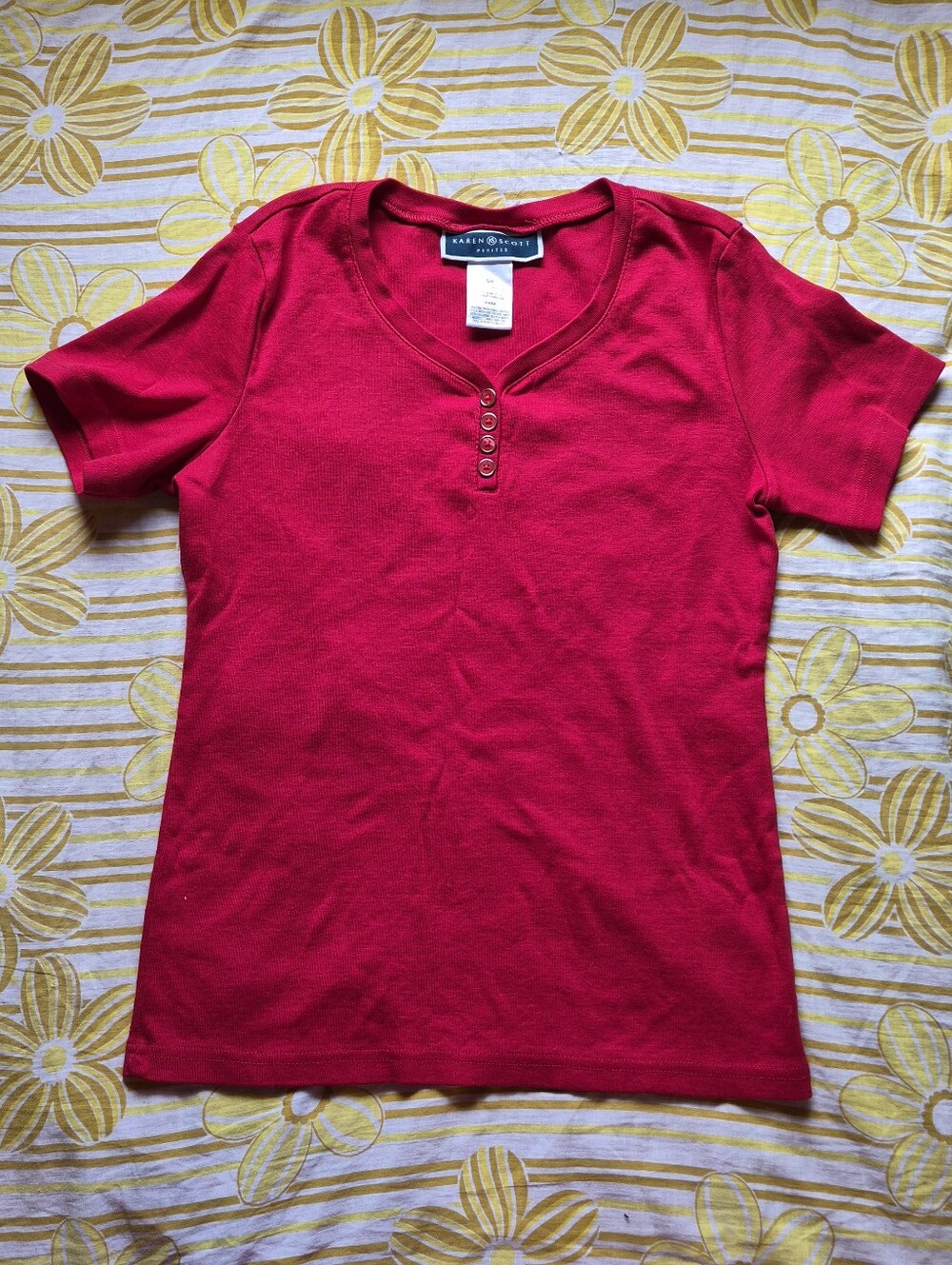 Karen Scott Short-Sleeve Henley Tee in Red